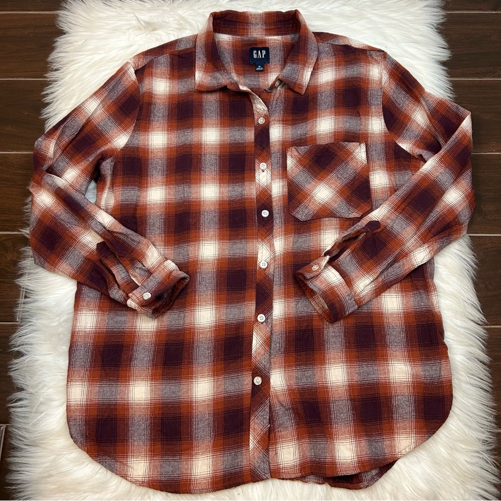GAP Womens Flannel Plaid Shirt Top XL Button Down Pumpkin Orange Fall Grunge  Ex